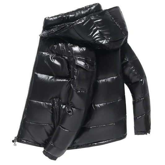 Modische wasserdichte kurze Herren-Daunenjacke, leichte Entendaunen-Parka für Skifahren im Schnee, hochwertige glänzende Parka, Herren-Winterjacke