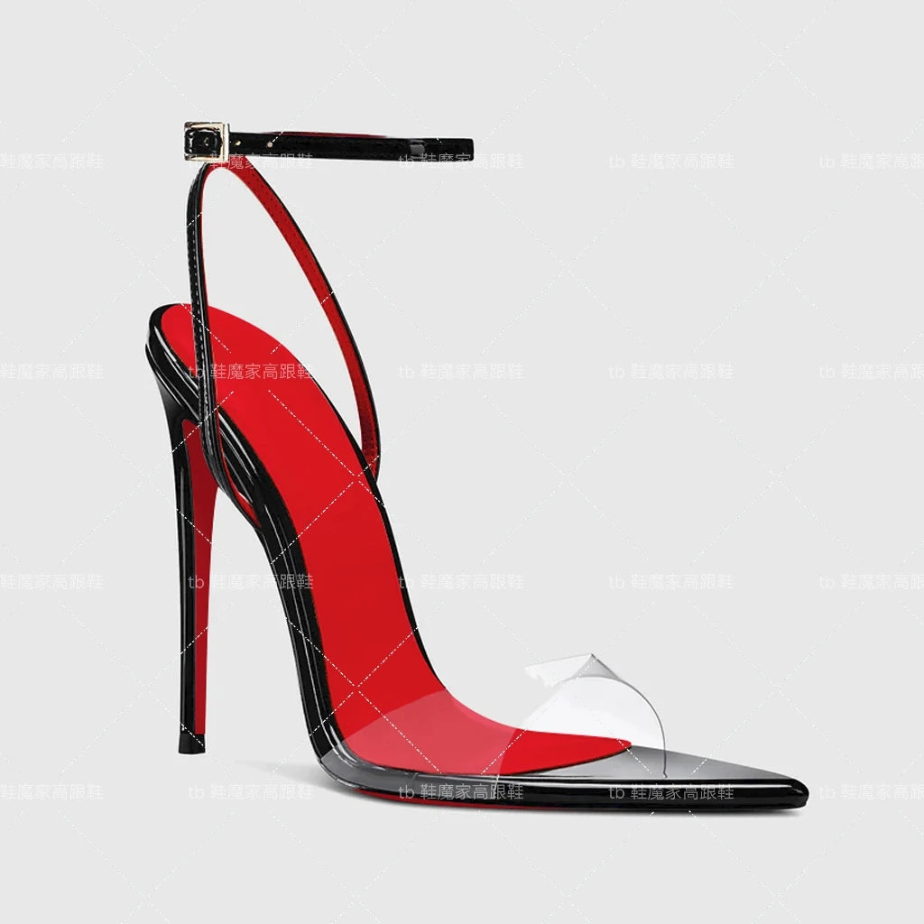 2025 New 12cm Thin Heel Pointed Shallow Lipstick Bottom High Heels Sexy One Word Buckle Style Fashion Sandals Large Single Shoes