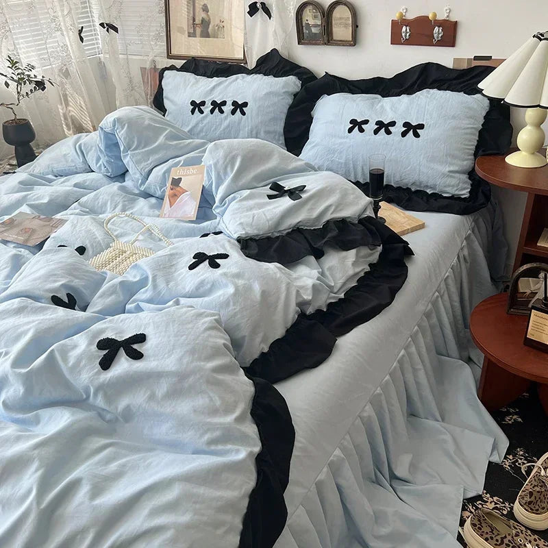 Juego de cama de algodón con lazo negro, funda nórdica suave y agradable para la piel estilo princesa para niña, sábana o funda de almohada para falda de cama