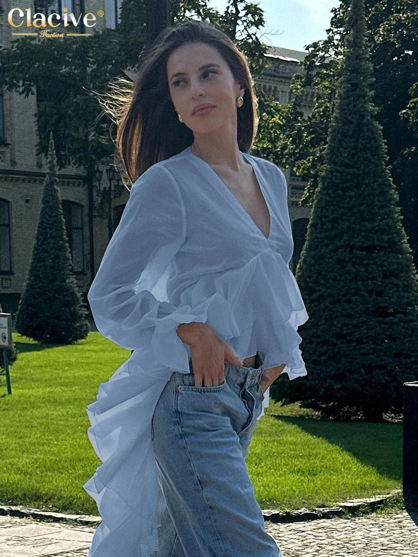 Clacive-Camiseta blanca holgada para mujer, camisas de manga larga con cuello en V a la moda, Top Irregular con volantes elegantes, ropa femenina 2025