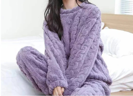 Otoño Invierno suelto dulce Casual pijamas conjunto de mujer de lana gruesa de manga larga Top hogar cintura elástica pantalones largos pantalones
