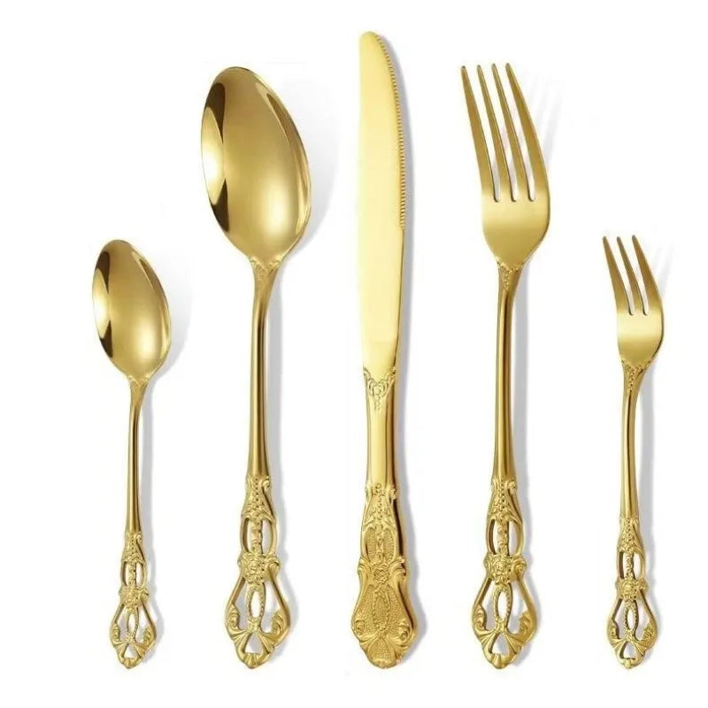 Juego de vajilla dorada de 24 piezas, juego de cubiertos de acero inoxidable, juego de cuchillos, tenedores y cucharas, juego de cubiertos, cuchillo, tenedor, cuchara, cuchara de té.