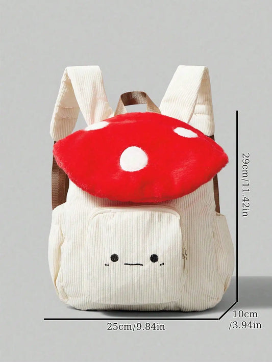 Mochila de Pana Linda y Moderna con Diseño de Hongos y Puntos Bordados, Diseño Color Block, Ideal para el Campus
