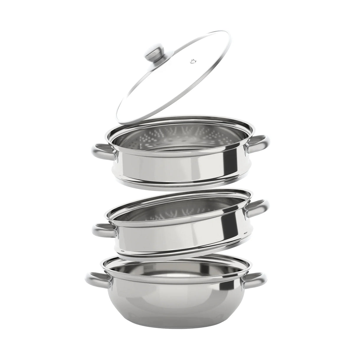 Vaporera de acero inoxidable de 3 niveles, olla para cocinar al vapor superpuesta de 28cm, utensilios de cocina, juego de cocina para sopa a vapor, plateado con tapa de vidrio