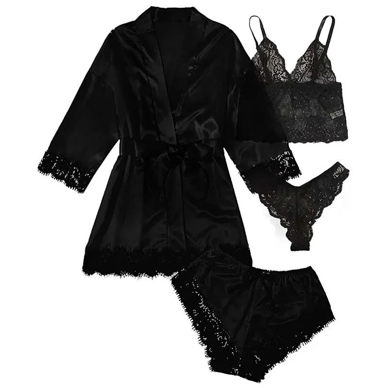 4 piezas ropa de dormir para mujer pijamas Ser con bata lencería de encaje Sexy Albornoz satén de seda ropa de dormir para el hogar bata