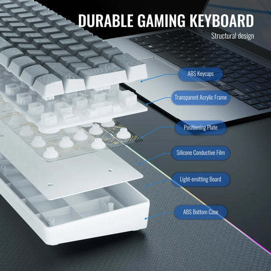 Teclado Compacto con Cable al 60% de Tamaño, Retroiluminación RGB y Teclas de Membrana. Adecuado para tabletas Windows, portátiles y jugadores. Blanco.