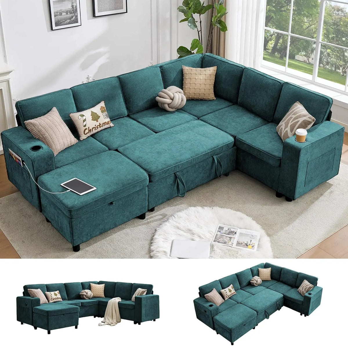 Sofá Seccional Modular de 107 Pulgadas con Cama Extraíble, Sofá Seccional en Forma de U de 7 Plazas con Otomana de Almacenamiento, USB, Personalizable