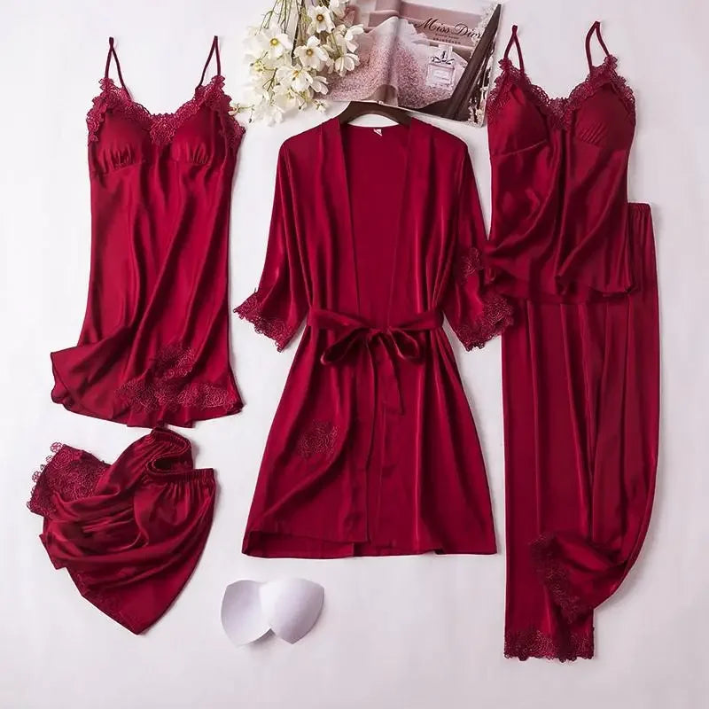 Conjunto de pijama de seda blanca para mujer, bata de boda de 5 piezas, camisón Sexy de encaje, ropa de dormir, Kimono, albornoz, lencería