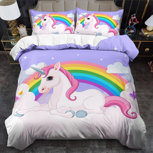 Juego de funda nórdica con tema de unicornio, 2/3 piezas, suave, cómodo, transpirable, juego de cama con estampado de unicornio arcoíris, estampado de animales de fantasía