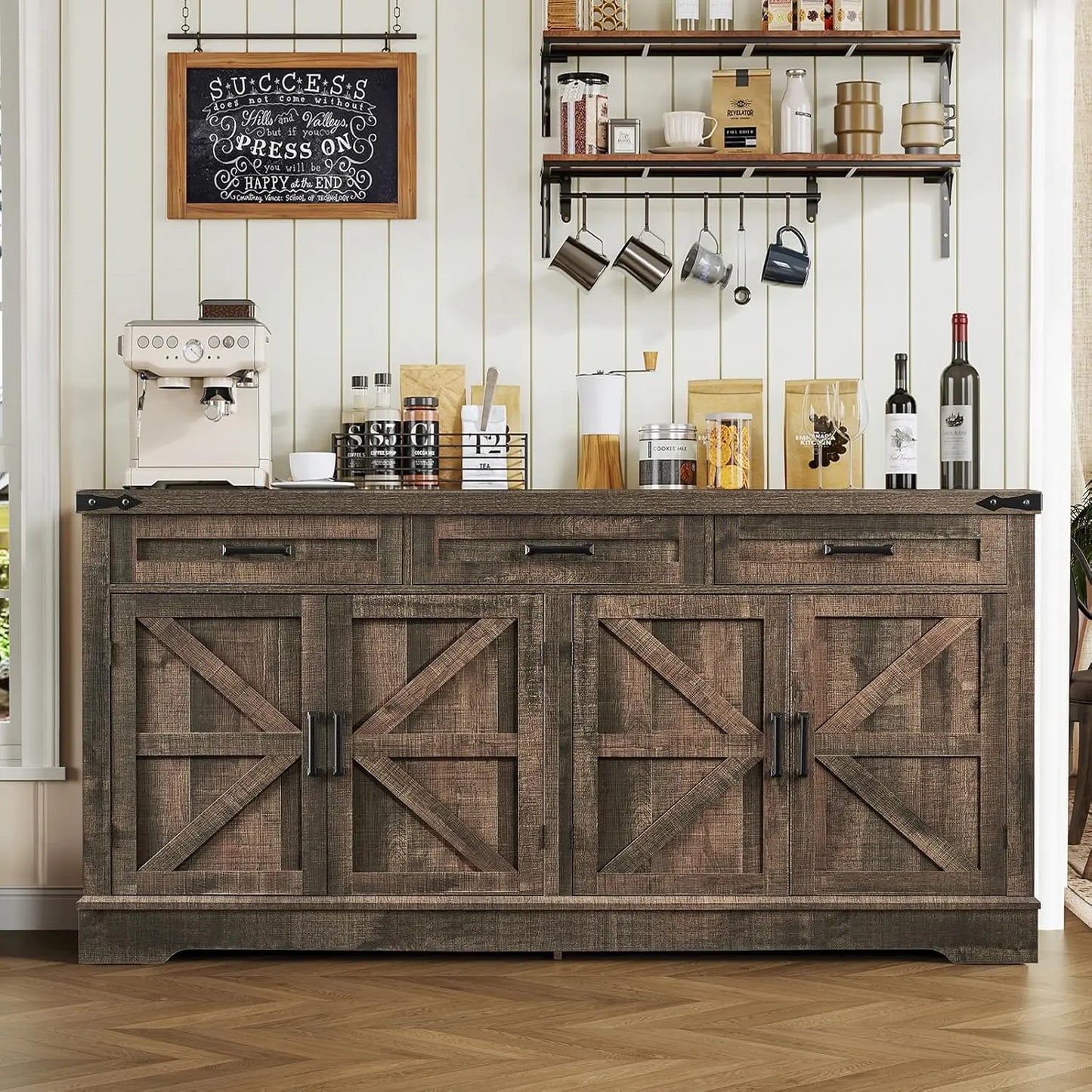 59" Large Buffet Cabinet with 4 Doors 3 Drawers Adjustable Shelves Coffee Wine Bar Storage Living Room, Customized