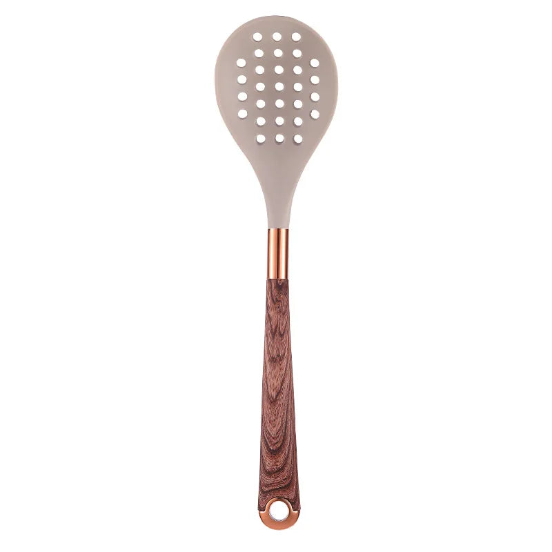 LMETJMA Juego de utensilios de cocina de silicona, 10 Uds., utensilio de cocina con soporte para utensilios, asas de patrón de madera, utensilios de cocina antiadherentes JT264