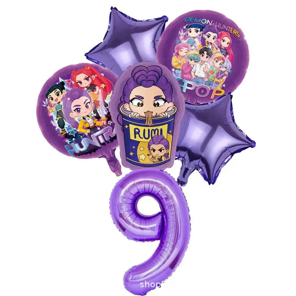 Set de Globos de Aluminio K-Pop para Grupo de Chicas, Números del 1 al 9 y Globos de Estrellas Púrpuras, Adornos para Pastel para Fiestas de Cumpleaños y Accesorios para Fotos