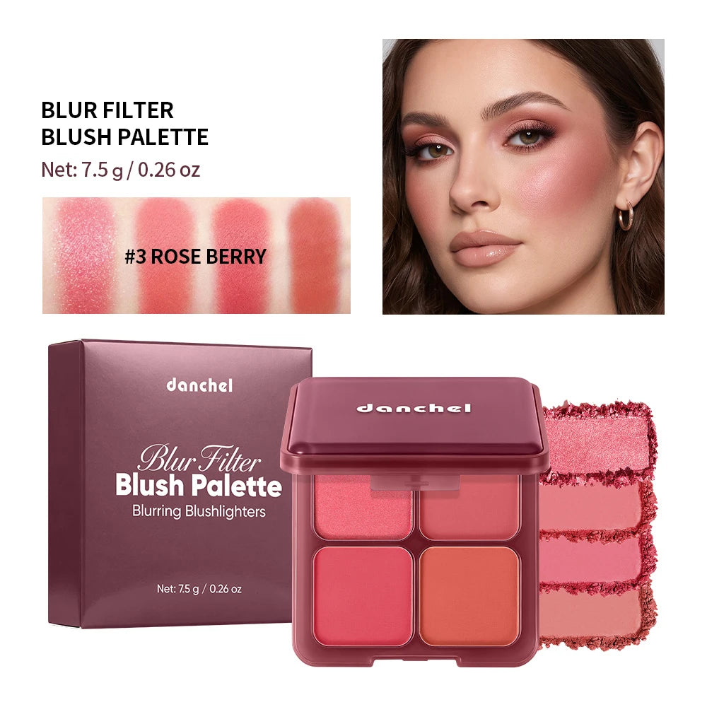 Paleta de Rubor de 4 Tonos, Mate y Brillante, Dos Texturas, Pigmento Rico, Larga Duración, Acabado Suave y Difuminado, Rubor Compacto, Maquillaje Diario para Mejillas