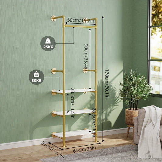 Perchero de pared para ropa, tubo industrial, dorado, con estantes de 3 niveles
