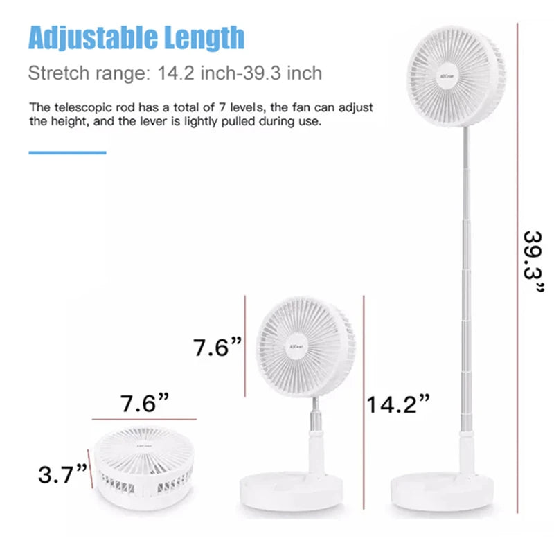 Ventilador portátil recargable, Mini suelo telescópico plegable, ventilador de verano de poco ruido, refrigeración para el hogar, dormitorio, oficina, escritorio