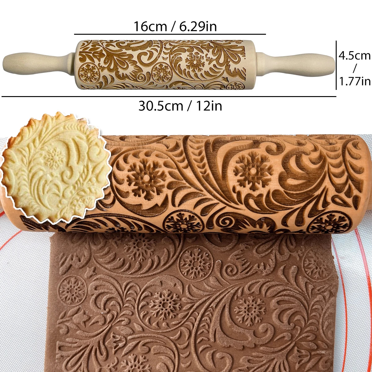 Rodillo navideño con patrones de flores de reno, molde para galletas 3D en relieve de madera grabado con láser, herramientas para hornear DIY, rodillo de masa