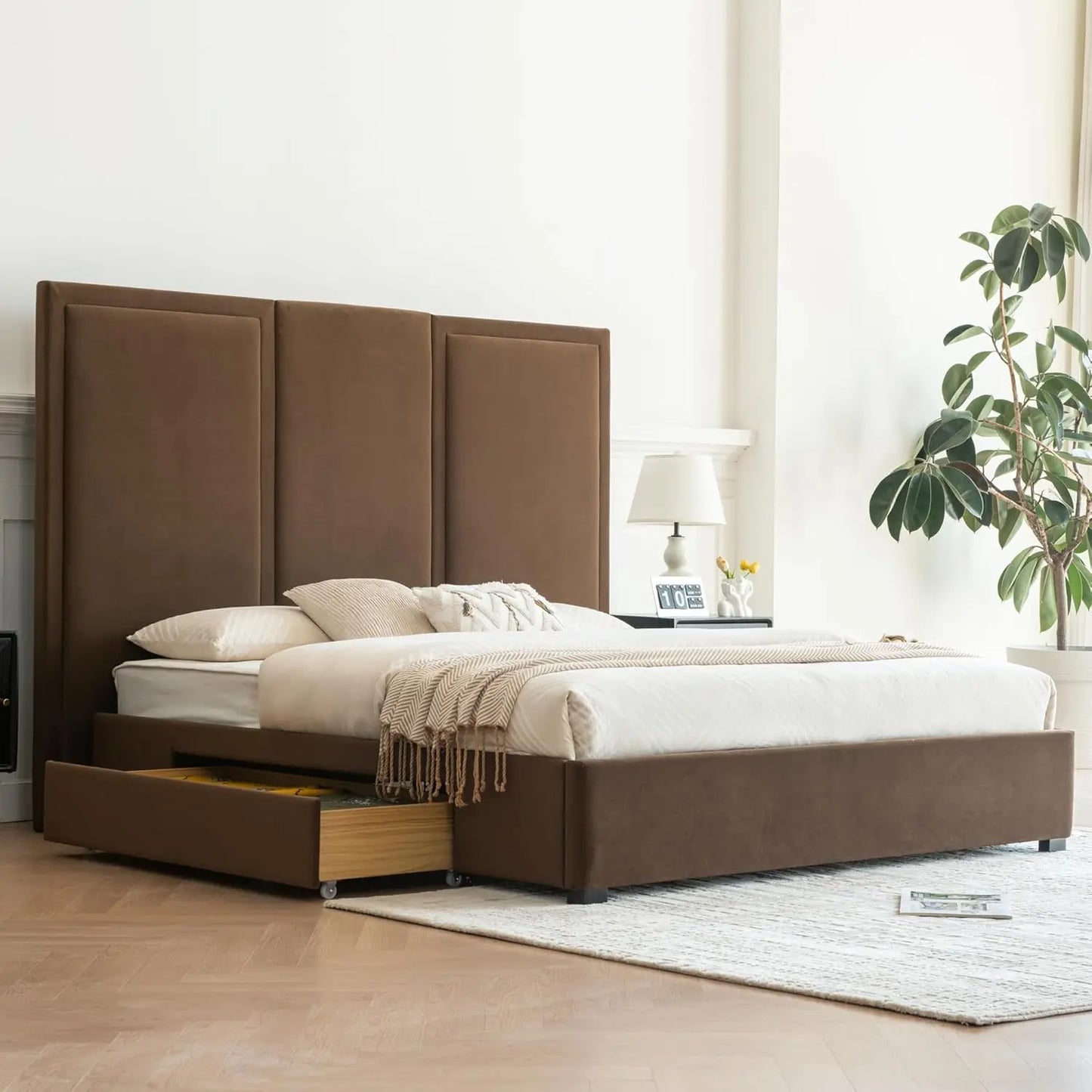 Estructura de cama tamaño King con cabecero alto de 64 pulgadas, cama con plataforma tapizada de lino simple y aireada con cajones de almacenamiento, listones de madera,