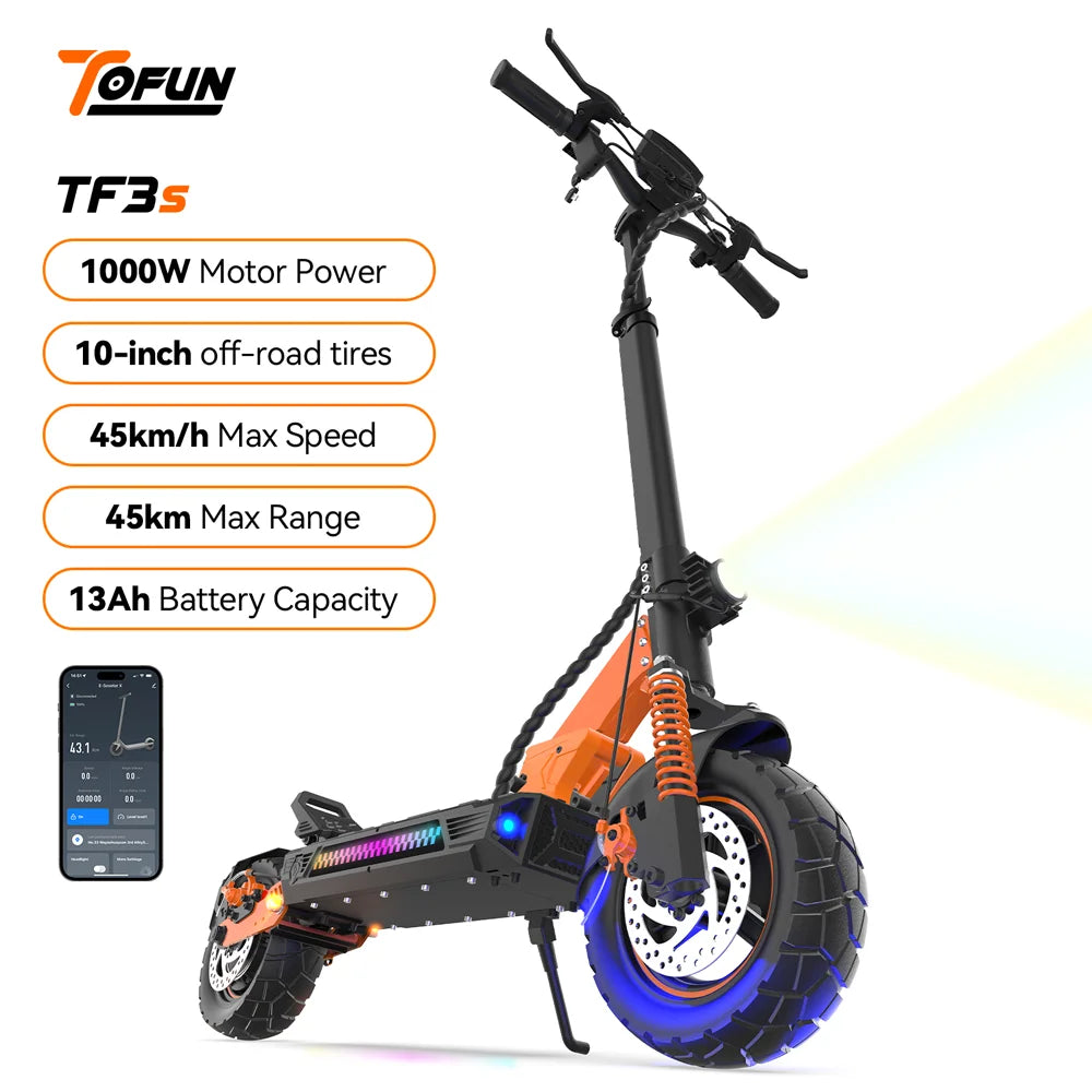 Patinete Eléctrico TOFUN TF3 PRO 1200W con APP, Velocidad Máxima 50 km/h, Autonomía 40-50 km, 48V 15.6Ah, Neumáticos de 10 Pulgadas, 4 Modos, Plegable