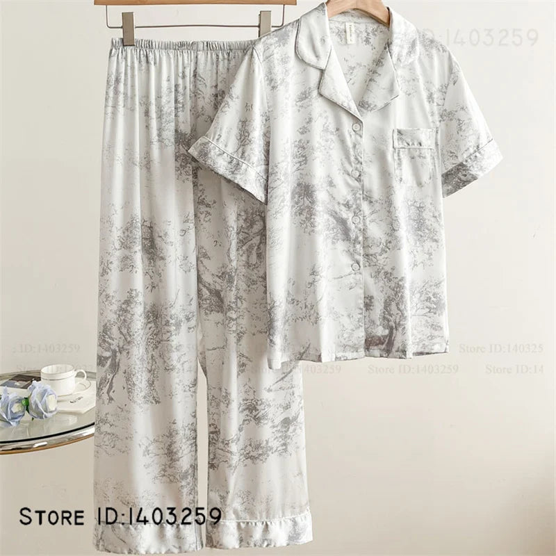 Nuevos Pijamas de satén sedoso para mujer, conjunto de 2 uds de Pijamas, ropa de dormir para primavera y otoño, ropa de salón, ropa de casa informal holgada para mujer, lencería