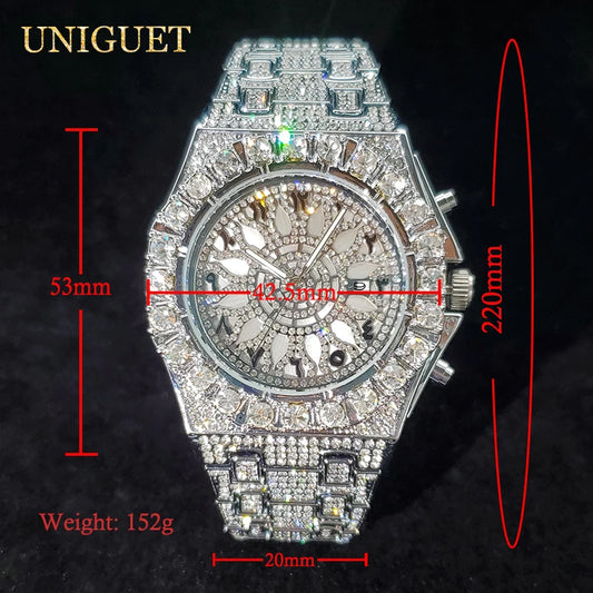 Reloj de lujo para hombre, relojes de cuarzo con diamantes helados para hombre, reloj de mano de Hip Hop con circonita brillante, reloj luminoso resistente al agua para hombre