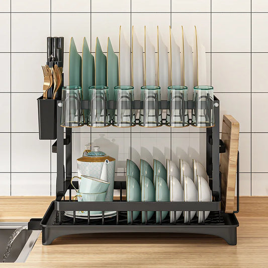 Estante de secado de platos de 2 niveles, escurridor de cuencos de cocina, estante de almacenamiento, vajilla, drenaje, palillos, cuchillo, tenedor, soporte de almacenamiento de vasos de agua de 2 niveles