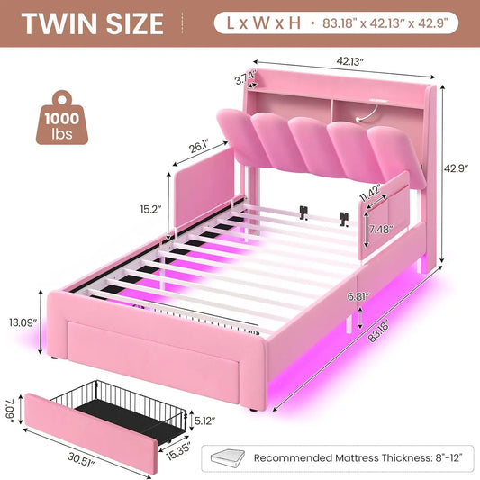 Cama de princesa tamaño twin con cajones de almacenamiento, barandillas de seguridad, plataforma tapizada en terciopelo con luces LED, cabecero ondulado con almacenamiento para niñas