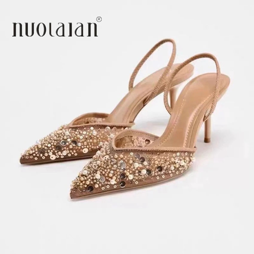 Zapatos de fiesta formales de tacón alto a la moda para mujer, sandalias modernas de lujo con lentejuelas y perlas de aguja Elengat de malla