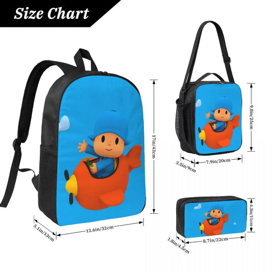 Mochila azul de dibujos animados de Pocoyo para niños, mochila escolar, bolsos de hombro para ordenador, bolsa de almuerzo aislada de 3 piezas, estuche para lápices