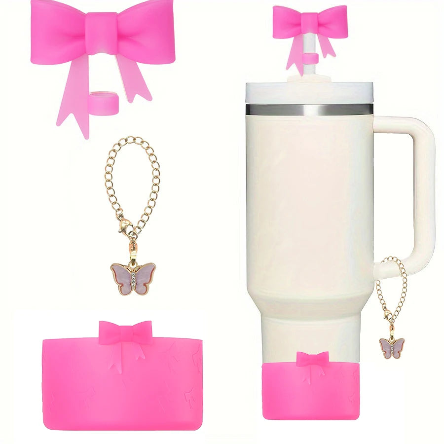 Juego de 3 Cubiertas de Silicona para Vasos con Diseño de Lazo y Cadena de Mariposa Rosa, Accesorios para Vasos de 30/40 oz 