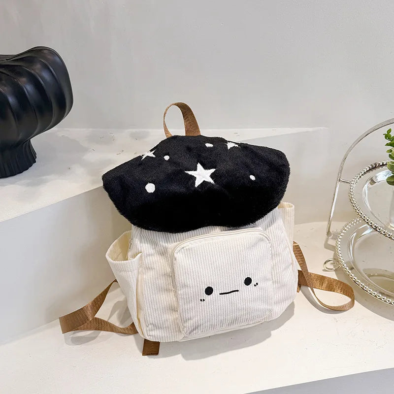Mochila Kawaii de felpa con forma de seta para mujer, bolso de mano bonito con correas ajustables, cierre de cremallera, mochilas de estudiante de pana roja/blanca