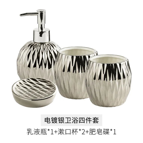 Juego de Accesorios de Baño de Cerámica Electrochapada de Lujo Ligero: Dispensador de Jabón Creativo, Vaso para Enjuague Bucal y Jabonera