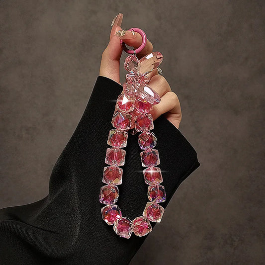 Cordón de lujo para teléfono, lazo acrílico brillante de cristal, dijes para teléfono, cadena corta para muñeca, se puede llevar a mano, colgante de cuentas de cadena