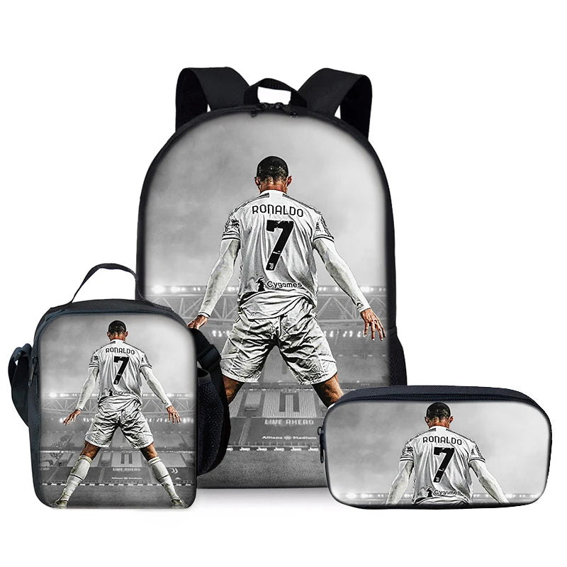 Juego de tres piezas de jugador de fútbol CR7, mochilas para niños y niñas, los mejores regalos, mochila escolar de dibujos animados en 3D para niños