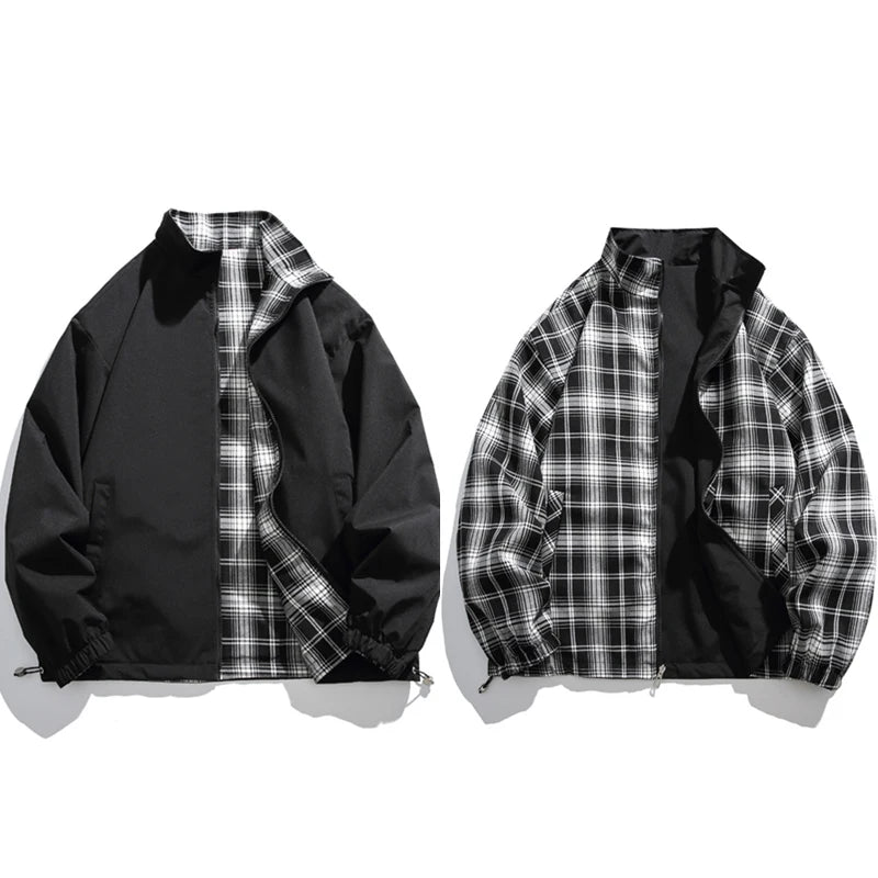 Una Reta-Chaqueta Harajuku para hombre, abrigo de doble cara de Hip hop, ropa de calle informal a cuadros, chaquetas sueltas, Otoño, nuevo