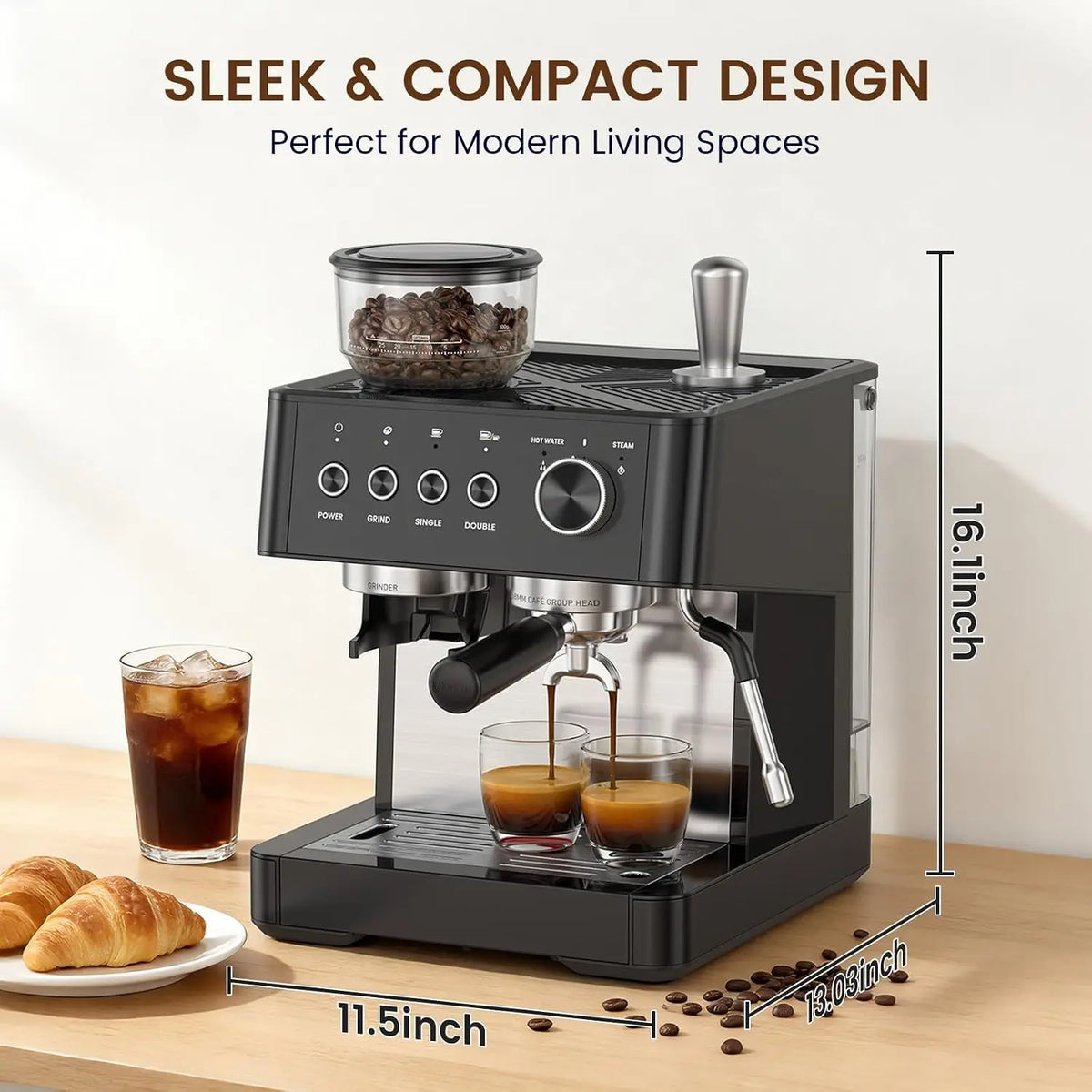 Máquina de Espresso de 20 Bares con Molinillo, Cafetera, Espumador de Leche, Varilla de Vapor, Herramientas de Apisonado, Cappuccino, Latte