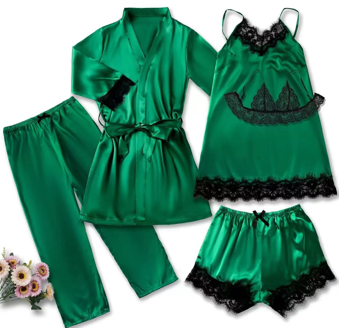 Conjunto de pijama de satén para mujer, bata de lencería Sexy, albornoz de encaje de seda, vestido de noche, pantalones, ropa de dormir para el hogar, 5 piezas