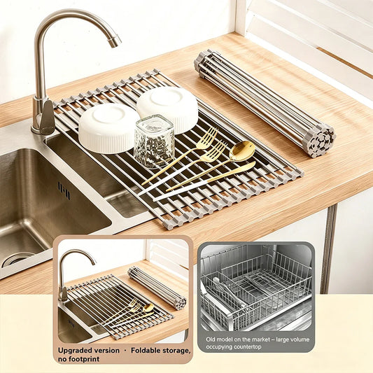 Escurridor de Platos Plegable de Acero Inoxidable, Ahorra Espacio, Organizador de Almacenamiento para Secar Platos, Frutas y Verduras en la Cocina