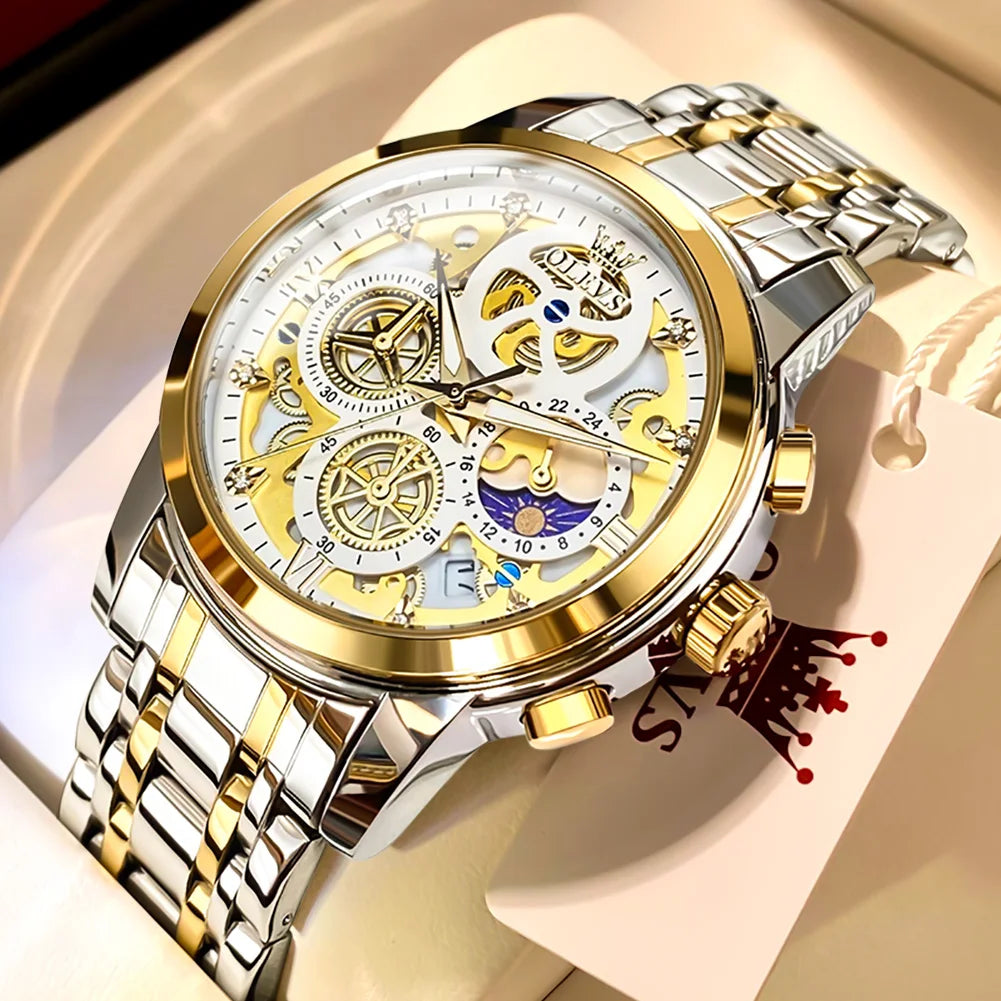 Relojes OLEVS para hombre, marca superior, reloj de cuarzo Original resistente al agua de lujo para hombre, estilo esqueleto dorado, 24 horas de día y noche, nuevo