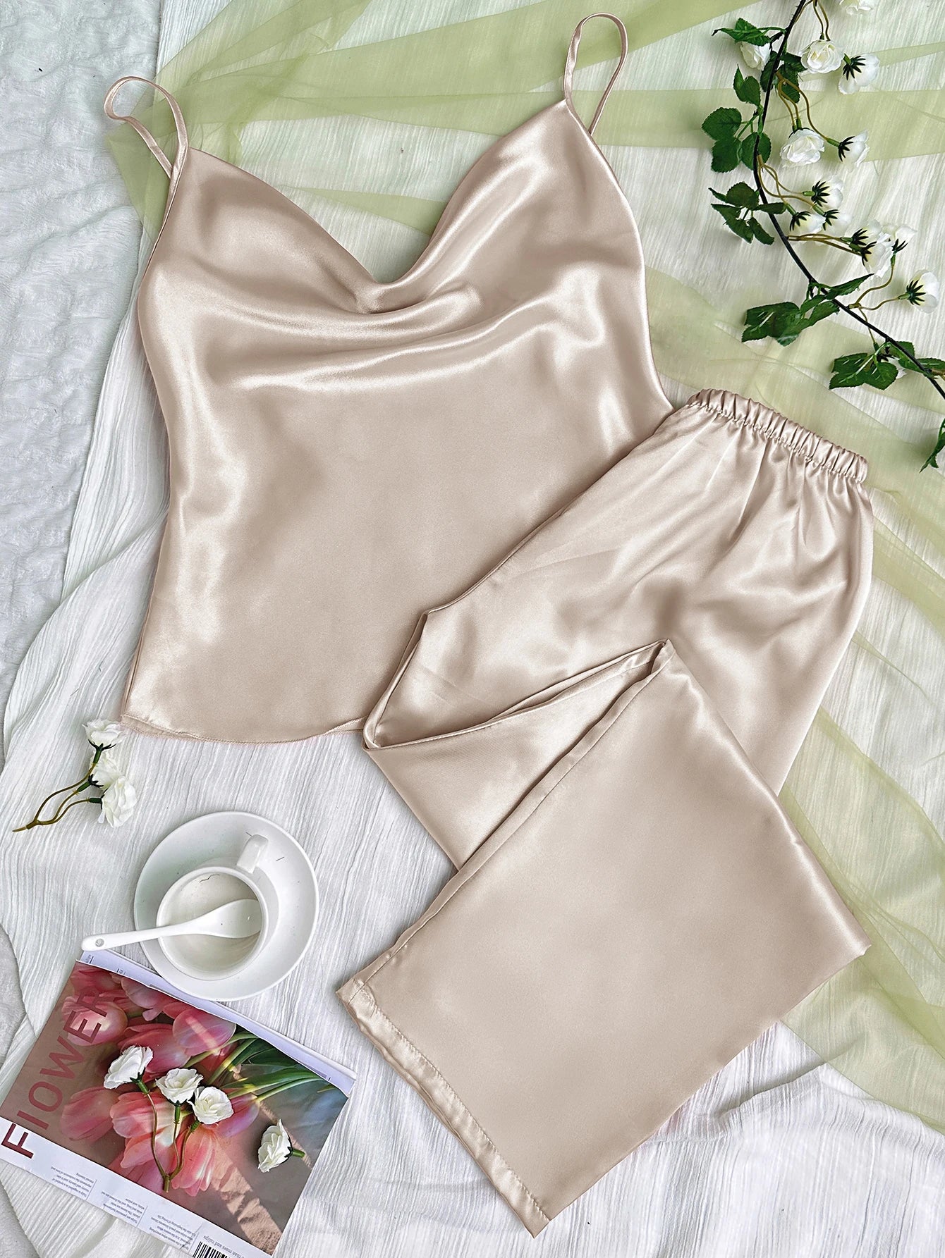 Conjunto de pijama de satén liso con cuello drapeado, Top camisola, pantalones con cintura elástica, ropa de dormir para mujer