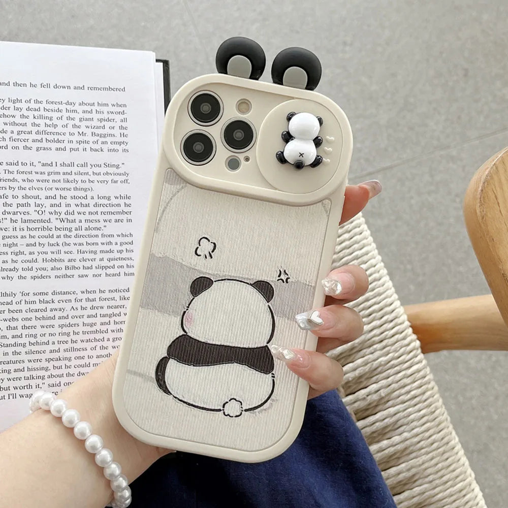 Ins 3D Panda Slide cámara protección funda de teléfono de silicona para iPhone 16 14 12 13 15 Pro Max 11 orejas de dibujos animados cubierta trasera a prueba de golpes