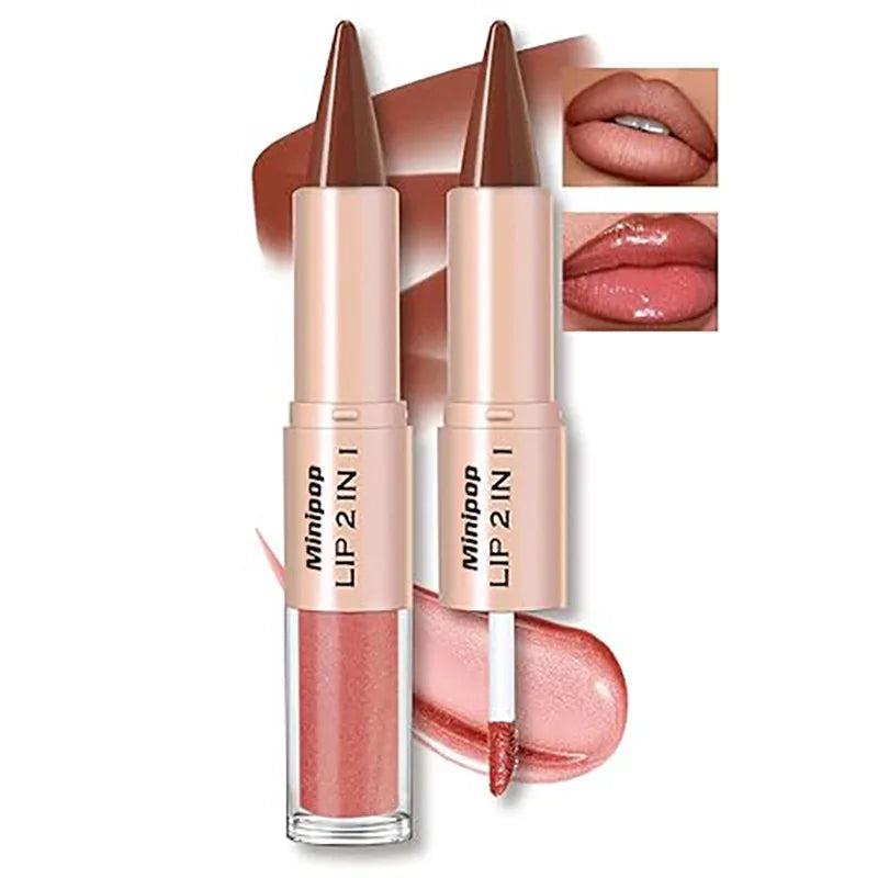 Brillo Labial 2 en 1 de Doble Punta, Delineador y Lápiz Labial, Impermeable, de Larga Duración, Voluminizador, Mate, Hidratante, Brillante, con Tinte Natural