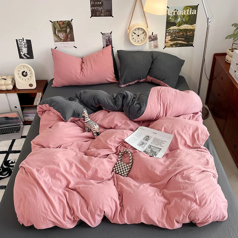 Funda nórdica de poliéster para dormitorio, juego de ropa de cama de 3 piezas, Color liso, rosa y gris, 2 fundas de almohada
