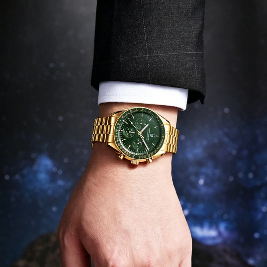 Relojes PAGANI DESIGN Moon para hombre, reloj de cuarzo de lujo dorado, cronógrafo deportivo, zafiro AR, resistente al agua, luminoso, regalo para hombre