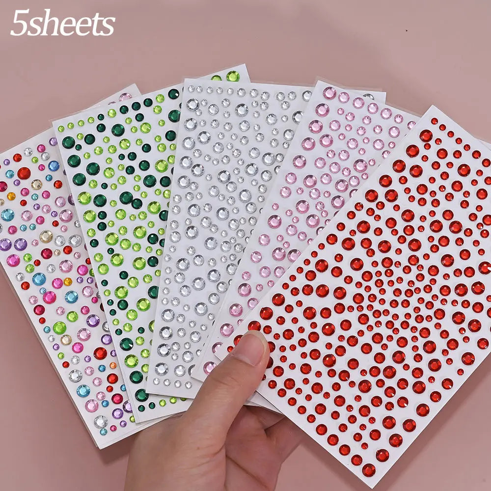 1 hoja 900 Uds. Pegatinas de gemas brillantes de cara de arcoíris, tatuaje Facial adhesivo, joyas de diamantes de imitación para ojos, mezcla de 3/4/5mm, maquillaje para fiesta de boda