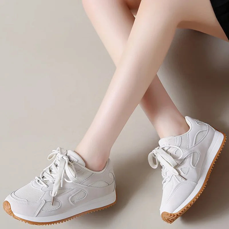 Zapatillas de deporte grises con cordones para Mujer, zapatos deportivos de malla transpirable, zapatos vulcanizados con plantilla suave antideslizante para Otoño e Invierno