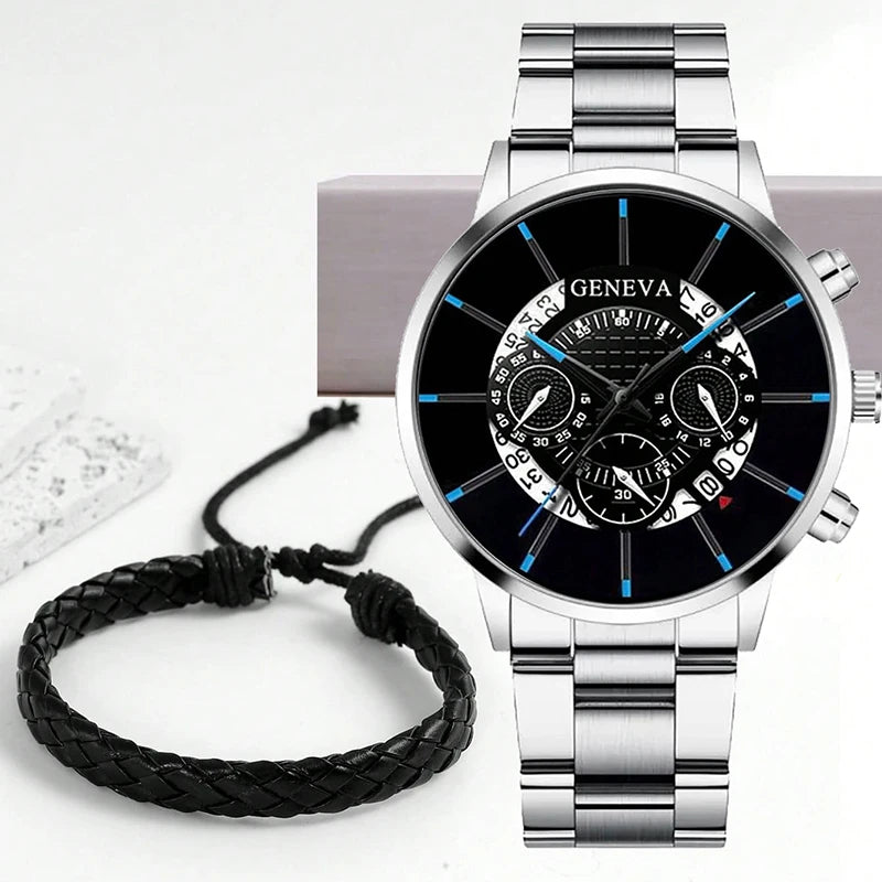 Relojes de acero inoxidable para hombre, reloj de pulsera de cuarzo de lujo, con calendario, de negocios, informal, de cuero, a la moda