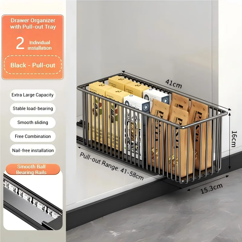 Organizador de gabinete extraíble de 2 piezas, cajones deslizantes de acero al carbono, estantes deslizantes para despensa, para organización de gabinetes de cocina.