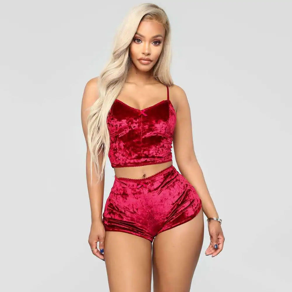 Conjunto de Pijamas para mujer, Pijamas sexis de terciopelo satinado de seda rosa y roja, ropa para dormir, bata, conjuntos de lencería Sexy, ropa de dormir