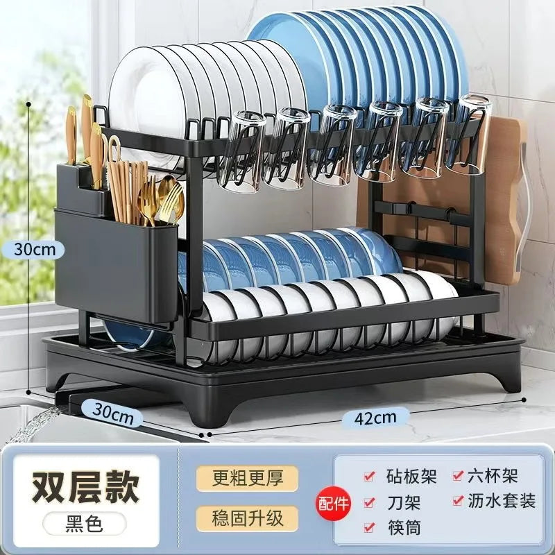 Escurridor de Platos de 2 Niveles para Cocina, Organizador Multifuncional de Almacenamiento para Encimera con Soportes para Utensilios, Tazas y Tablas de Cortar para el Hogar