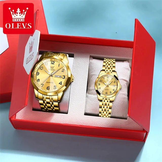 OLEVS 9970 reloj de lujo para parejas, reloj de pulsera con calendario resistente al agua de acero inoxidable para hombres y mujeres, reloj para amantes del espejo con rombos y esfera Digital